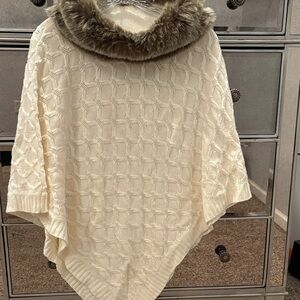Talbots Elegant Cream Sweater Poncho with Faux Fur Collar